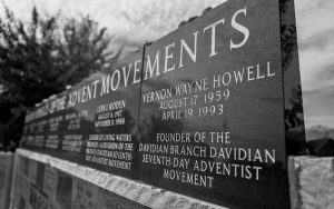A monument for the leaders of the Seventh-day Adventist and Branch Davidian movements and the Branch Davidians who died in 1993, Mount Carmel Center, outside of Waco, Texas