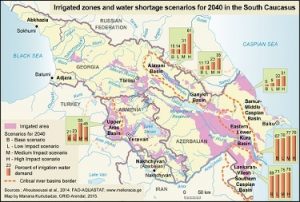 Irrigated zones and water shortage scenario for 2040 in the Caucasus.